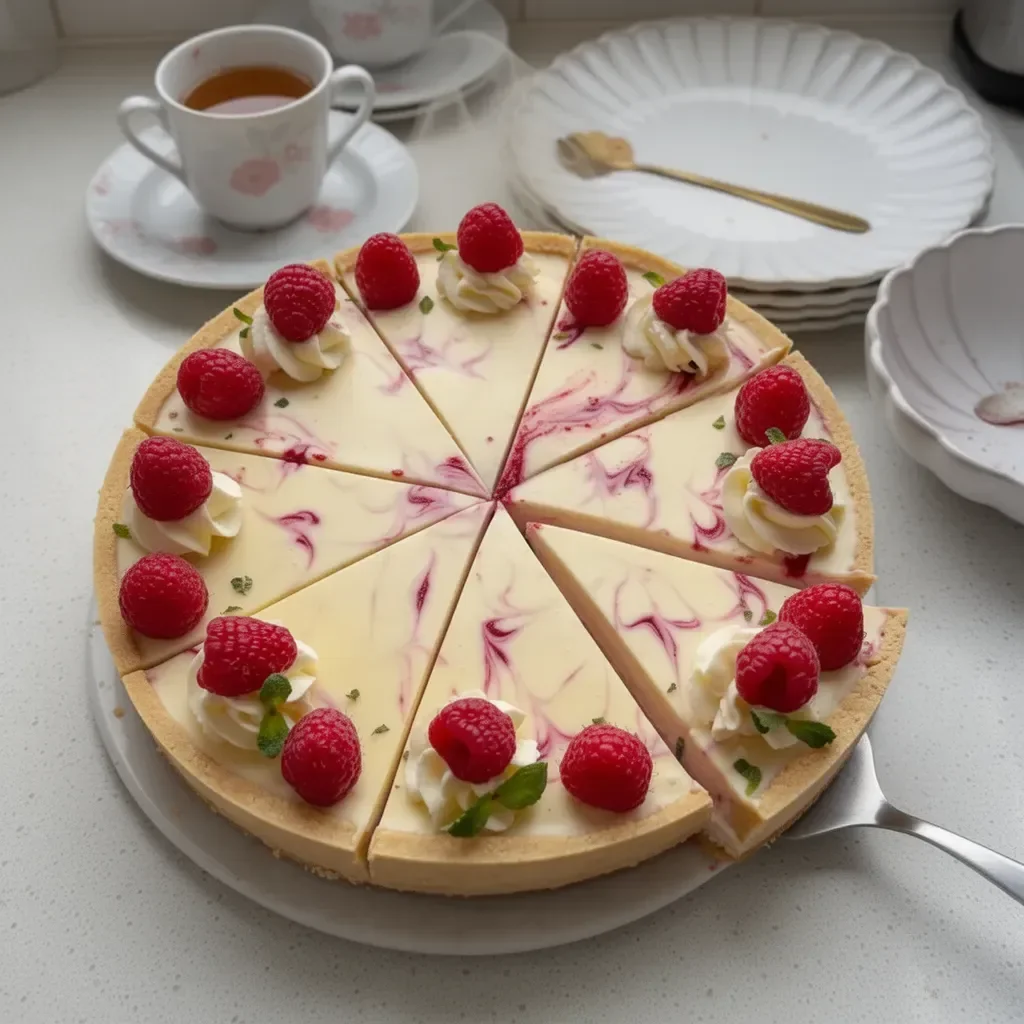 Cheesecake de frambuesa sin hornear con decoración de frambuesas frescas