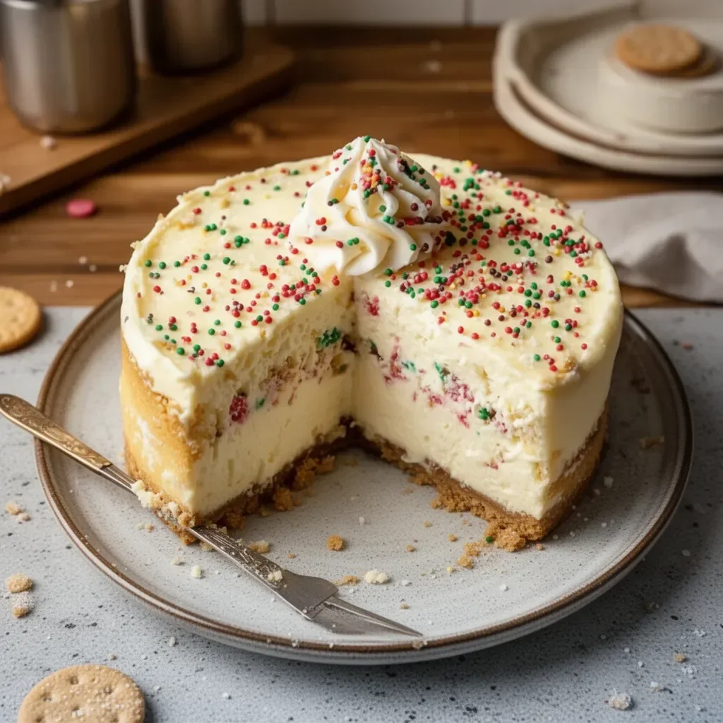 Cheesecake de galletas de azúcar decorado con fresas frescas y chocolate