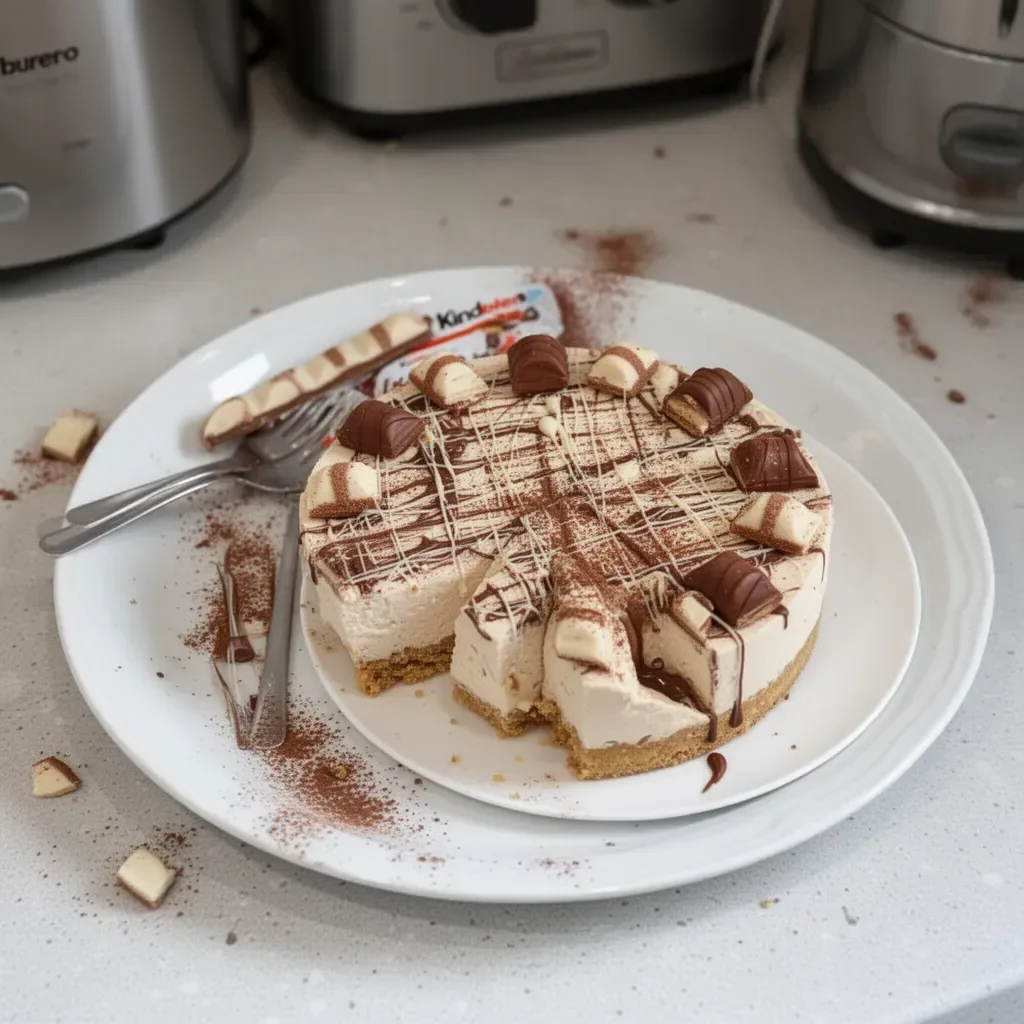Cheesecake de Kinder Bueno con una cobertura de chocolate y nueces