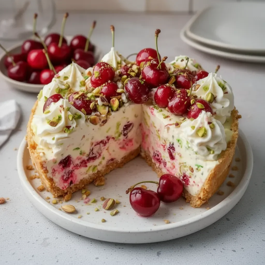 Delicioso Cheesecake de Limón con Lima, Cereza y Pistacho en un plato