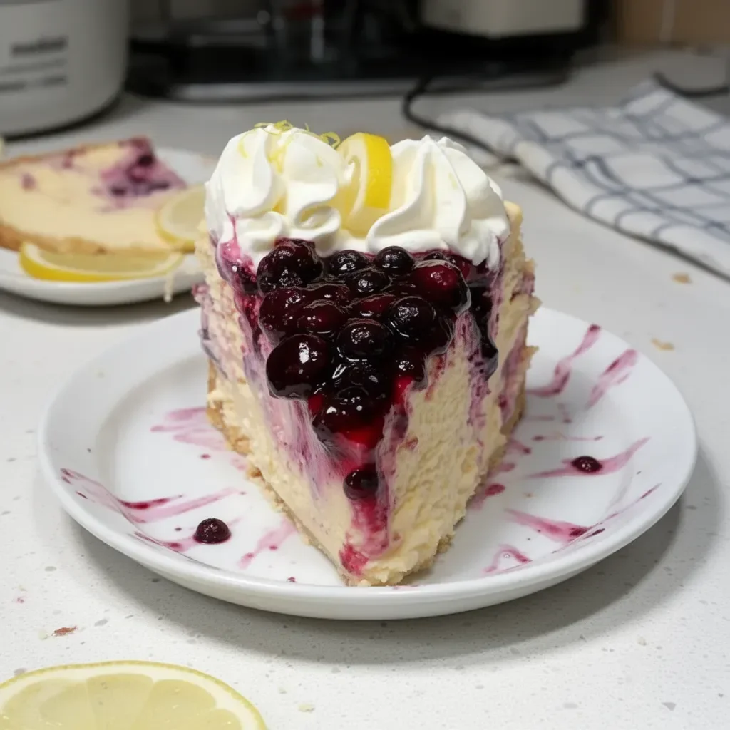 Cheesecake de Limón y Arándanos servido en un plato blanco