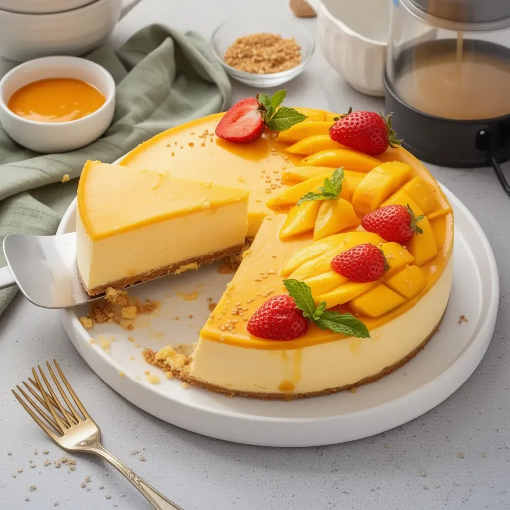 Delicioso Cheesecake de Mango sin Hornear con una textura cremosa y fresca.