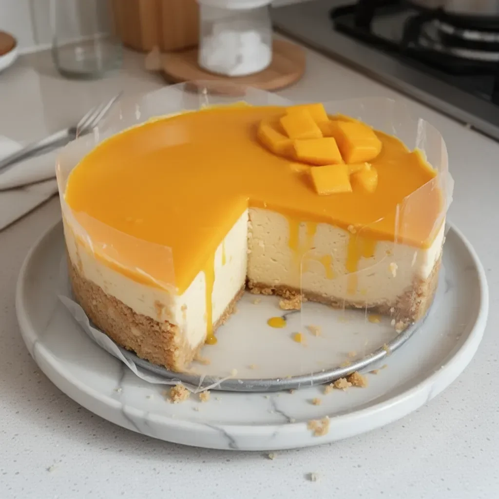 Tarta de cheesecake de mango sin hornear, decorada con rodajas de mango fresco