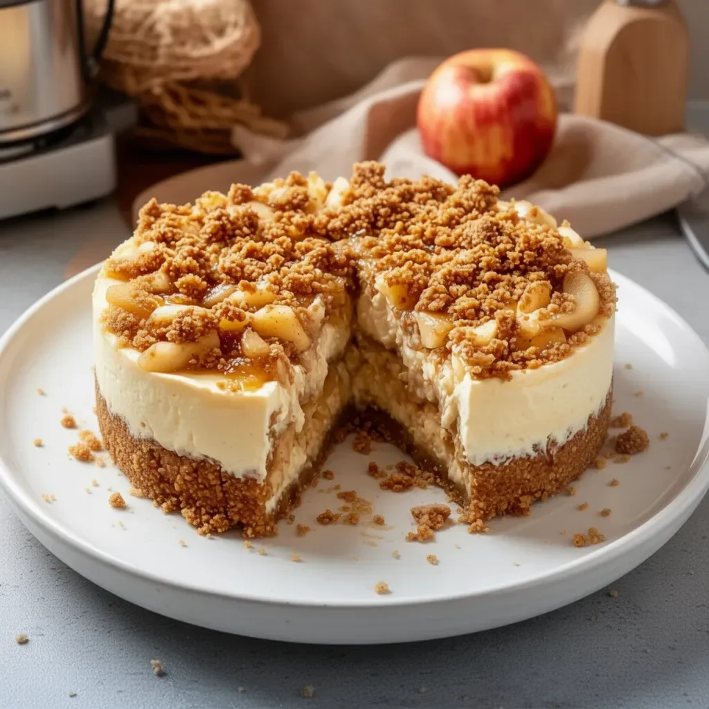 Cheesecake de manzana con crumble y decoraciones de canela