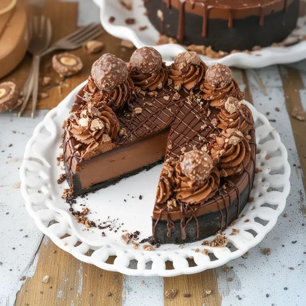 Delicioso cheesecake de Nutella con cobertura cremosa y trozos de chocolate.