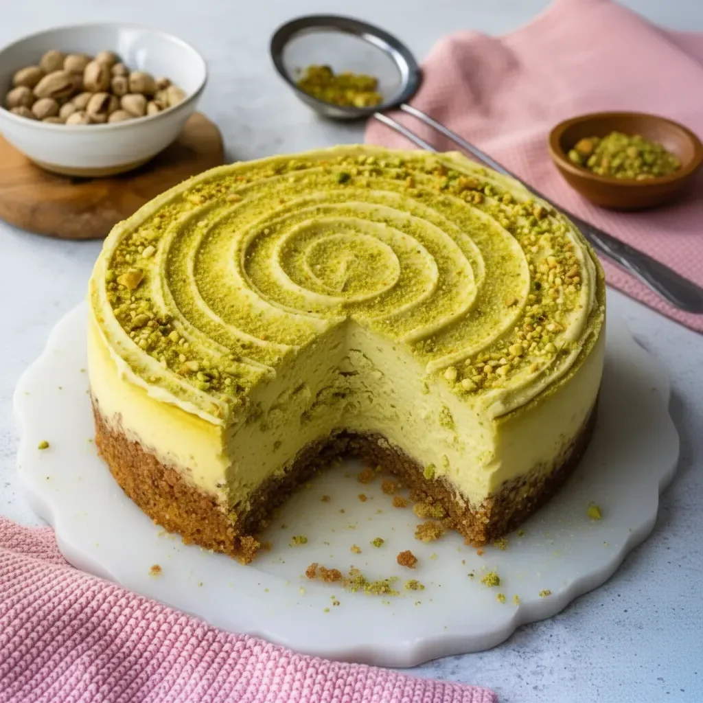 Delicioso Cheesecake de Pistacho, cremoso y decorado con pistachos.