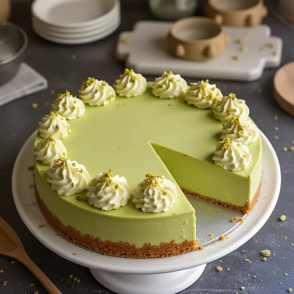 Un delicioso Cheesecake de Pistacho decorado con nueces y crema.