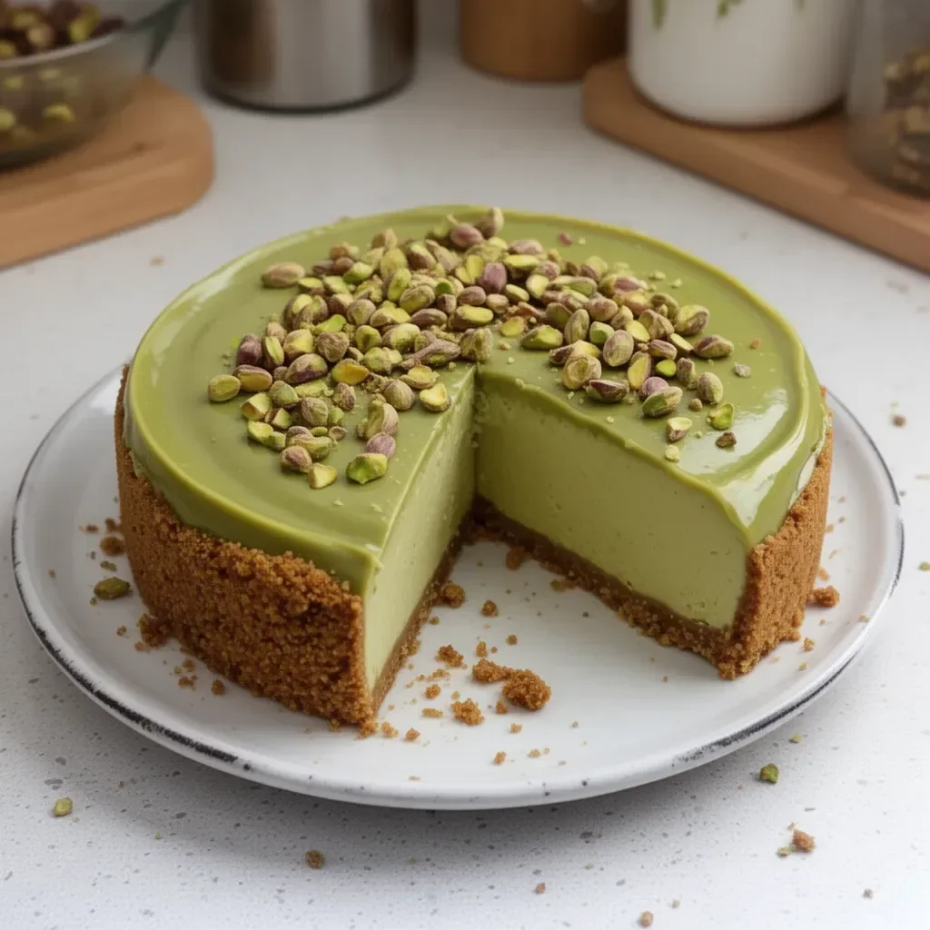 Deliciosa cheesecake de pistacho con cobertura de pistacho