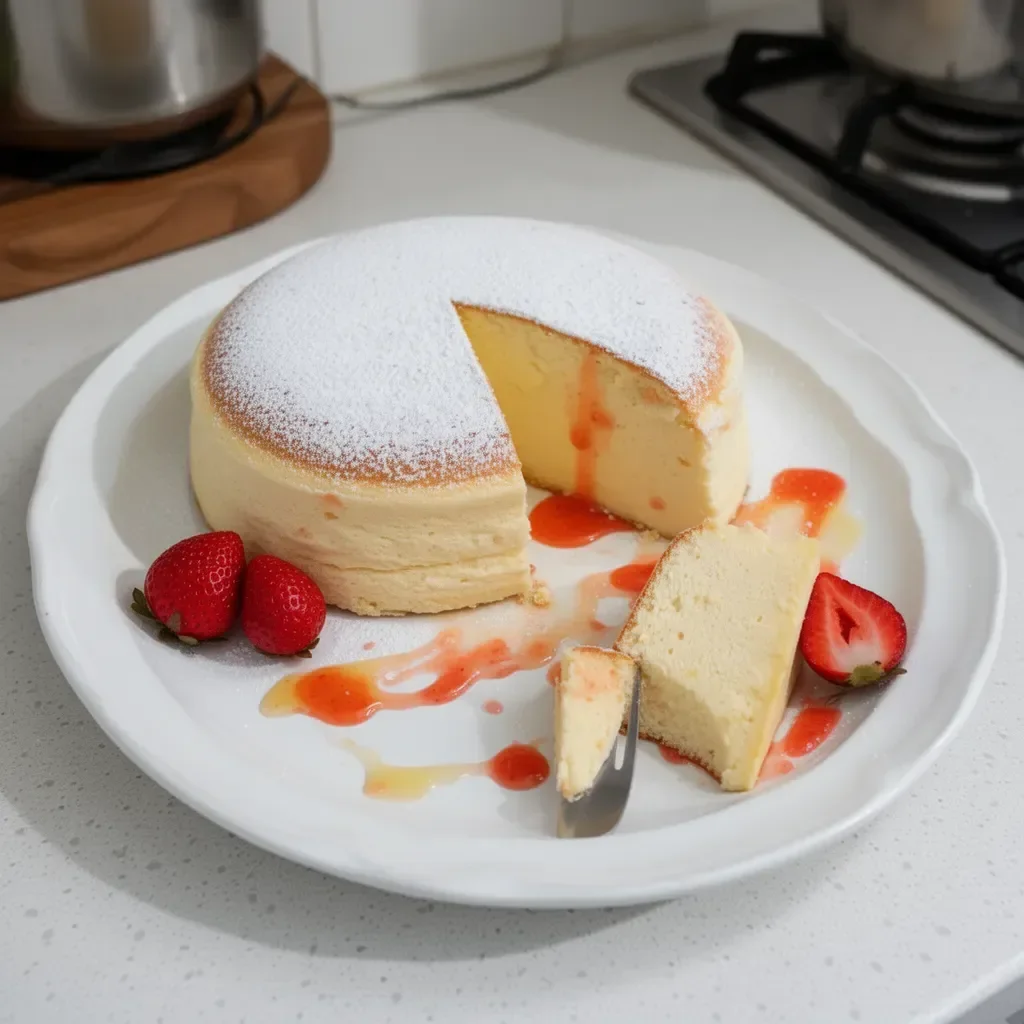 Delicioso Cheesecake Japonés suave y esponjoso servido en un plato.