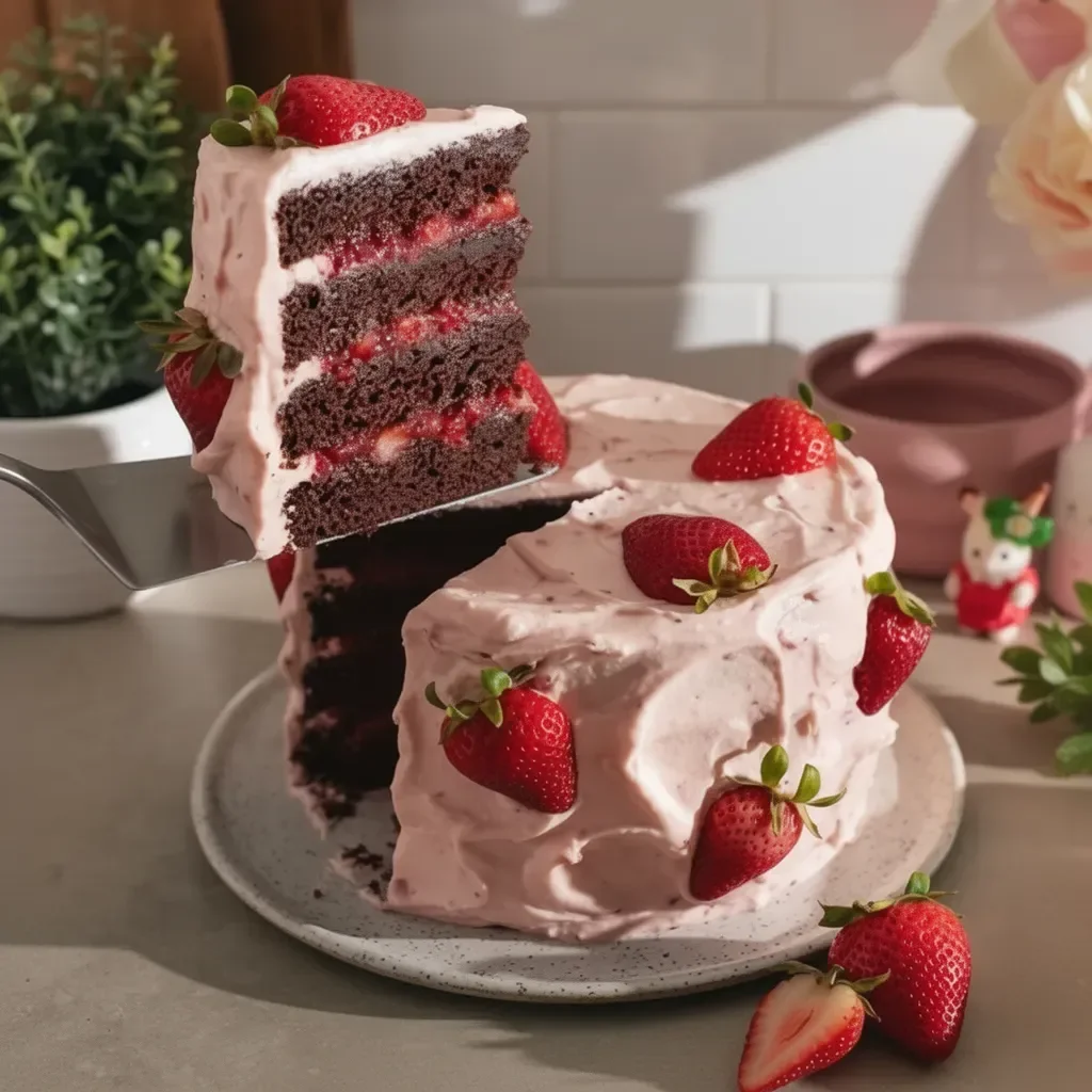 Chocolate cake con relleno de mermelada de fresa y frosting de queso crema de fresa
