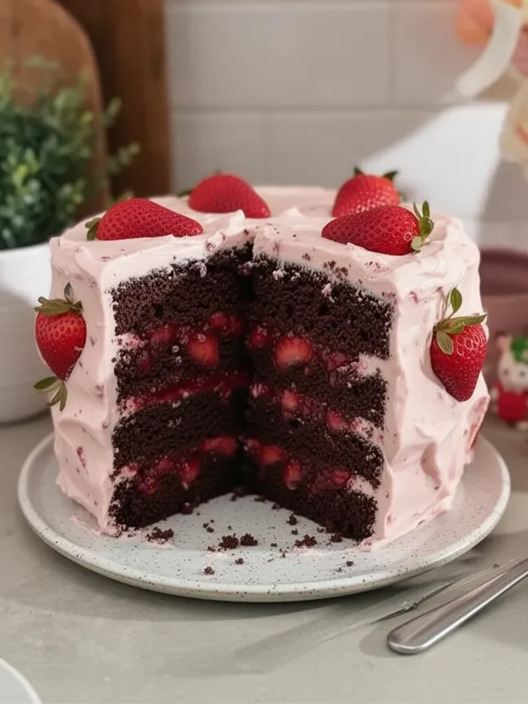 Chocolate cake with strawberry jam filling and strawberry cream cheese frosting
