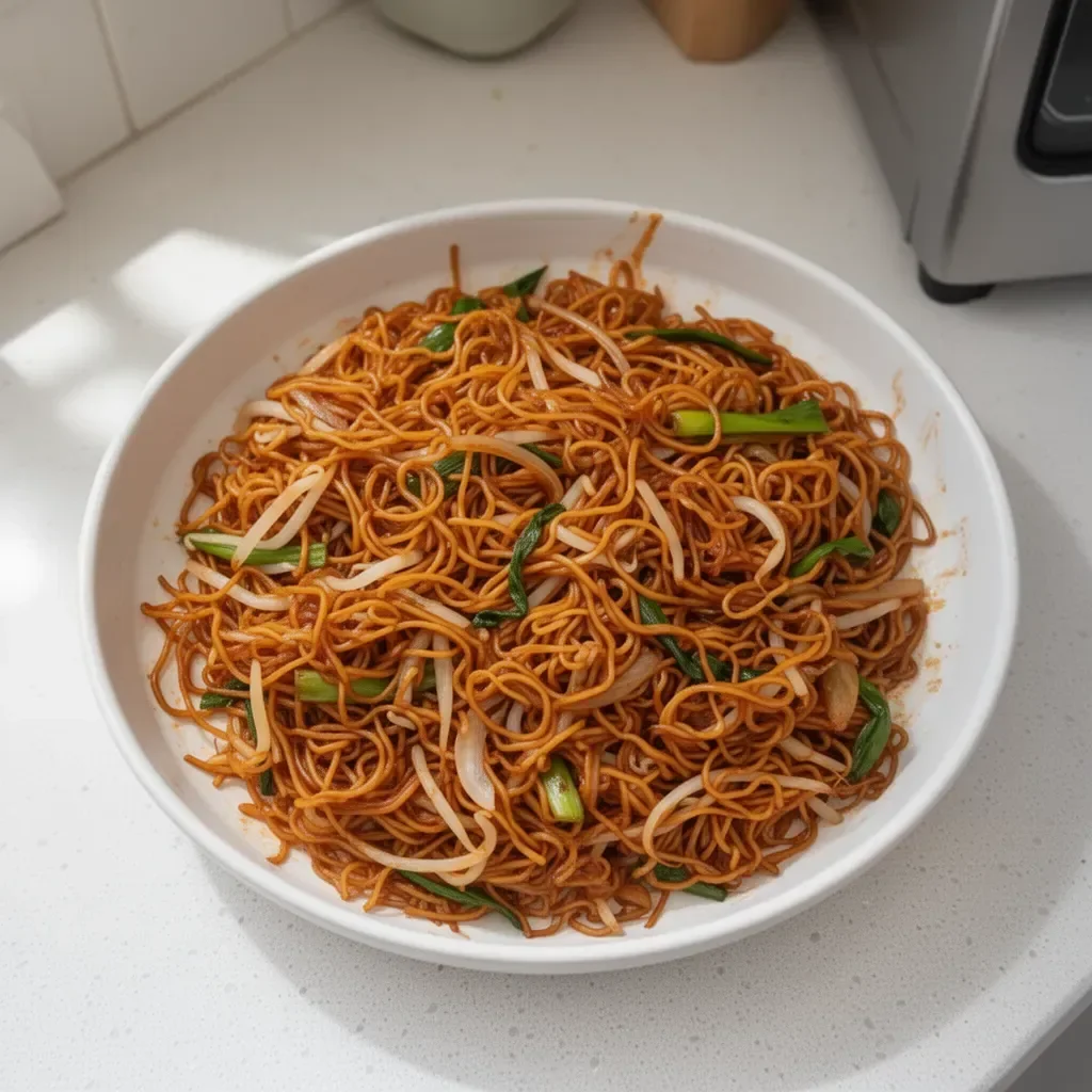 Plato de Chow Mein Clásico con fideos y verduras frescas