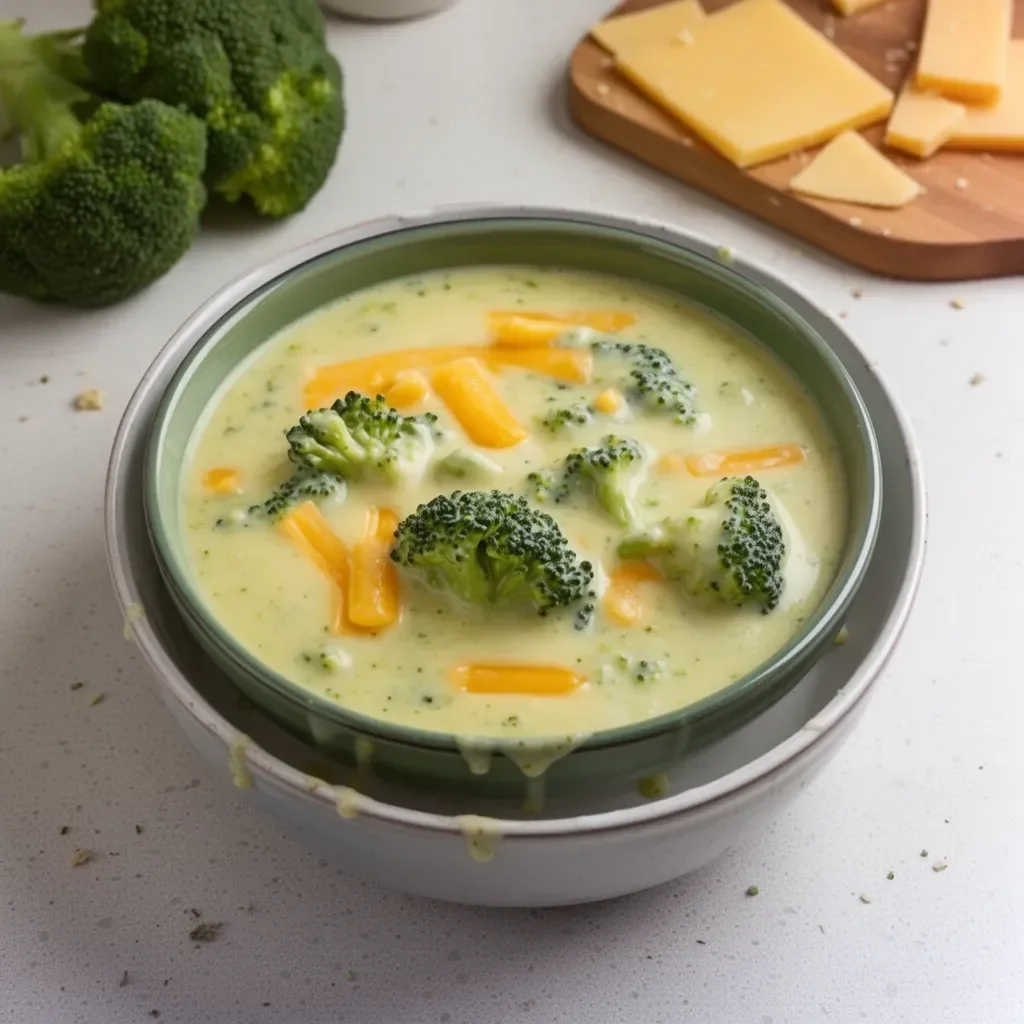 Crema de brócoli con queso servida en un plato blanco, garnición de cilantro.