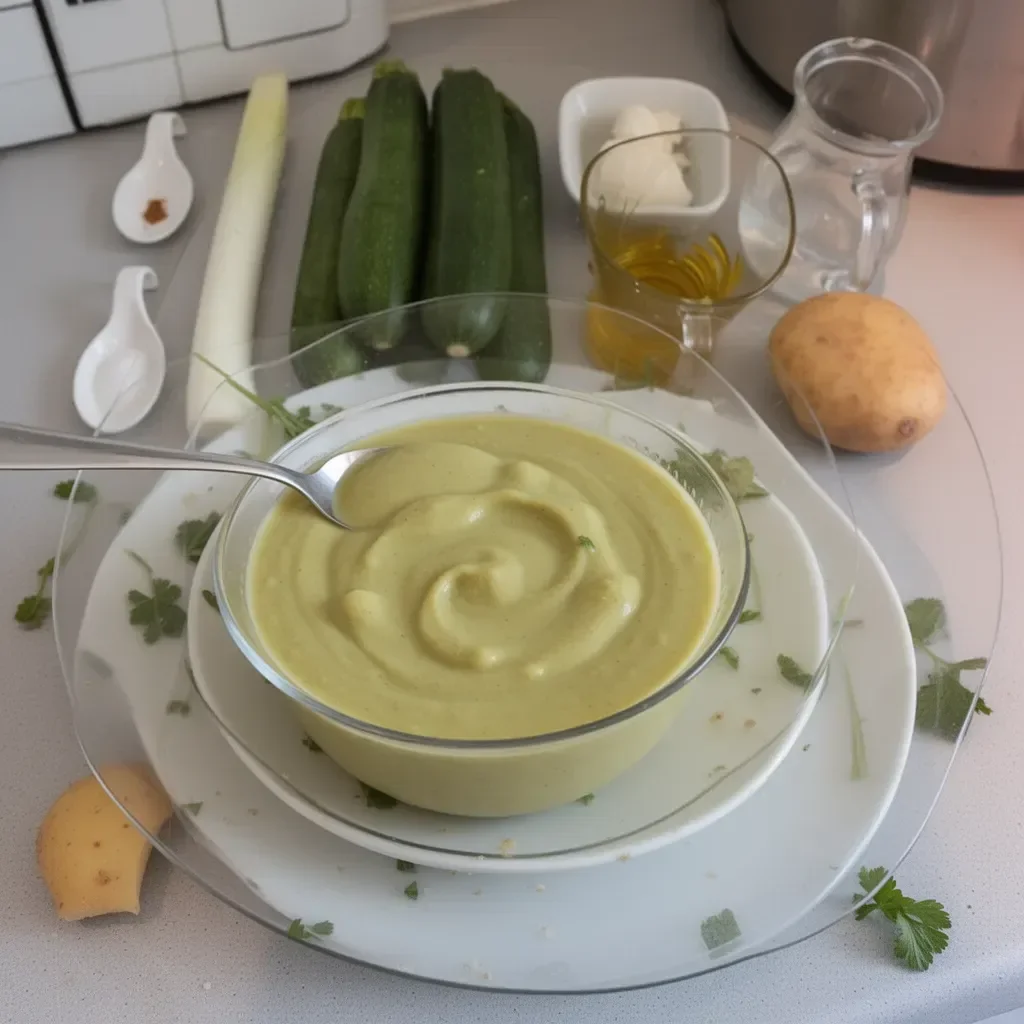 Crema de calabacín, puerro y patata servida en un bol.
