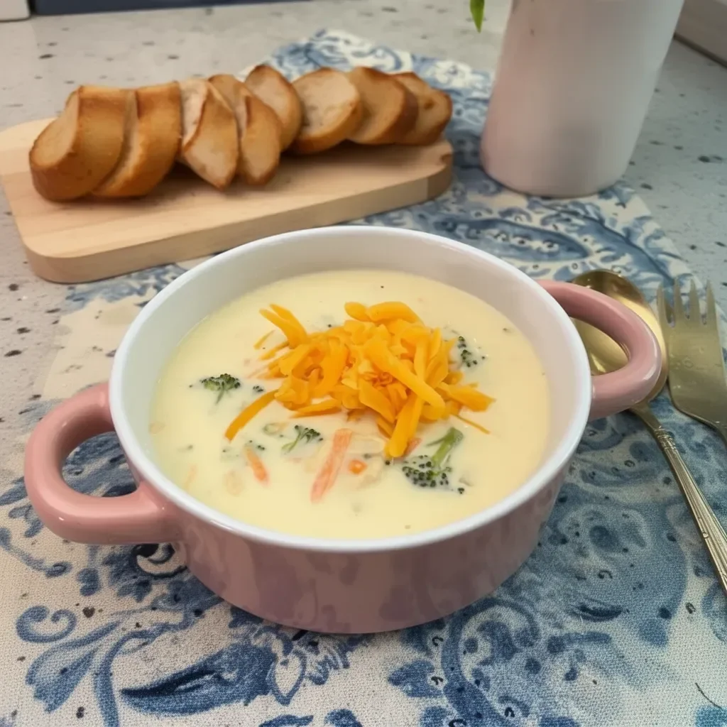 Plato de crema de pollo con brócoli y queso en un tazón