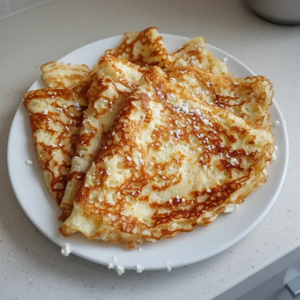 Crepes de queso cottage altos en proteína en un plato con guarnición saludable