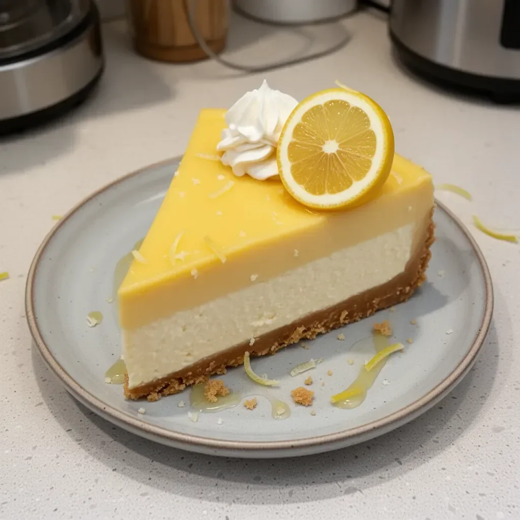 Una deliciosa cheesecake de limón decorada con rodajas de limón