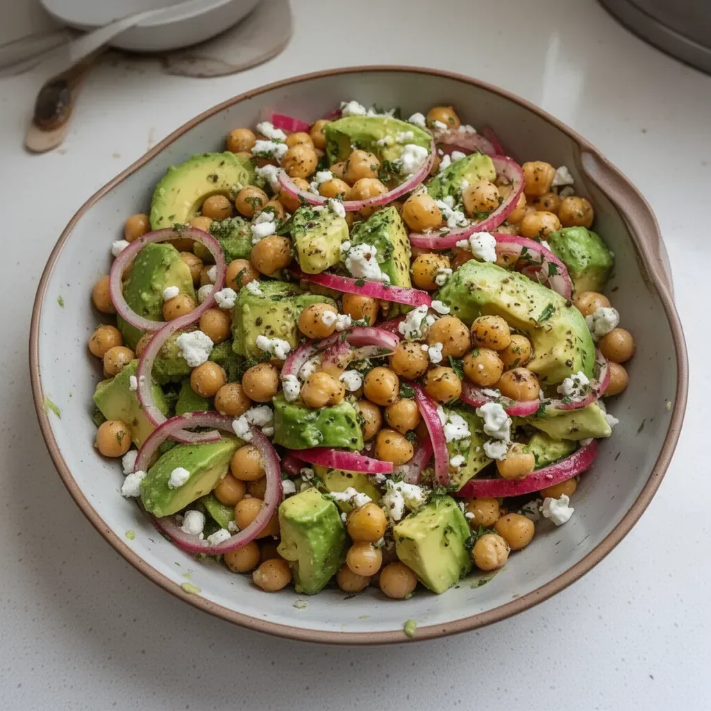 Ensalada de aguacate con garbanzos y vegetales frescos