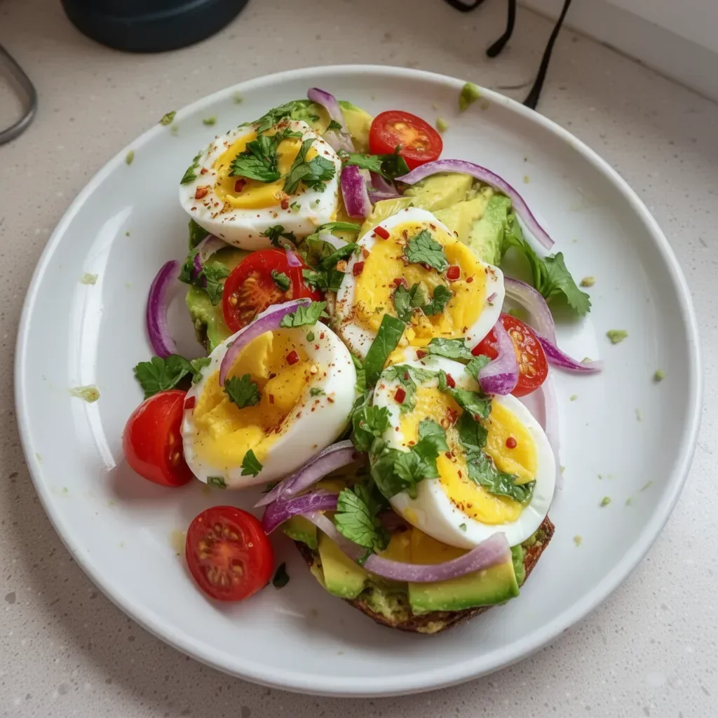 Ensalada de aguacate y huevo recién preparada, ideal para entrenar.