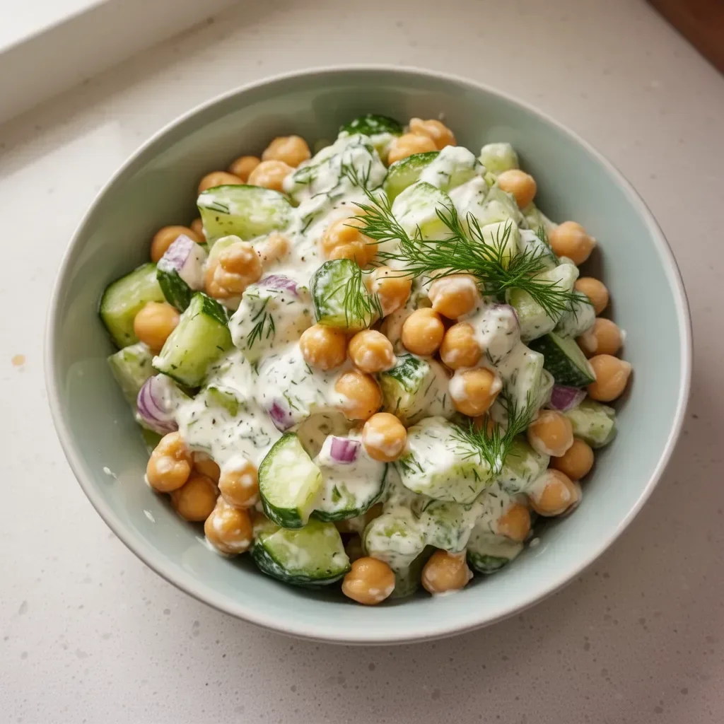 Ensalada de garbanzos y pepino con aderezo cremoso de yogur