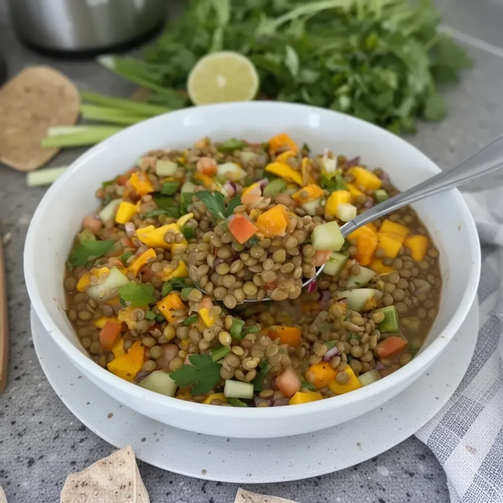 Ensalada de lentejas fresca con verduras y hierbas