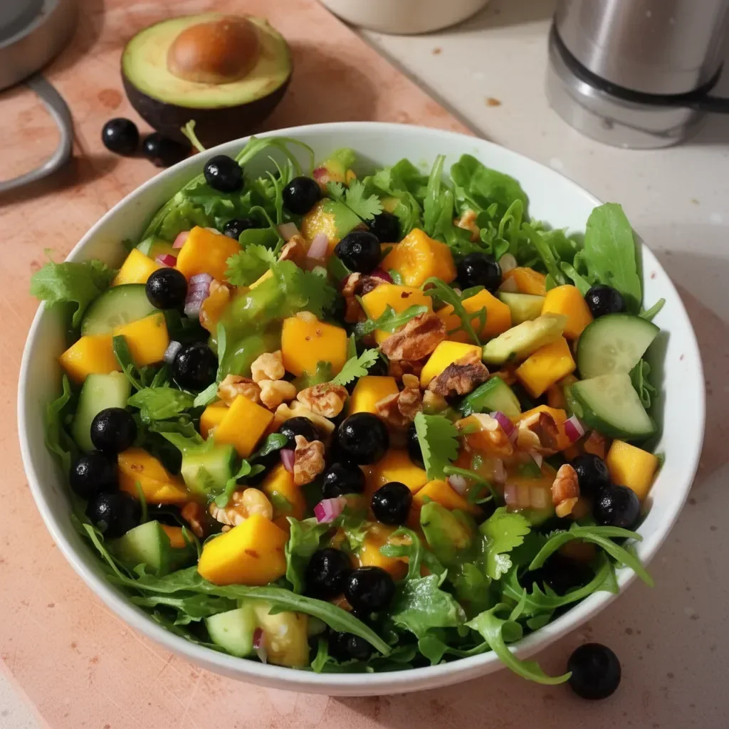 Ensalada de mango, pepino, arándano y aguacate en un plato fresco y colorido
