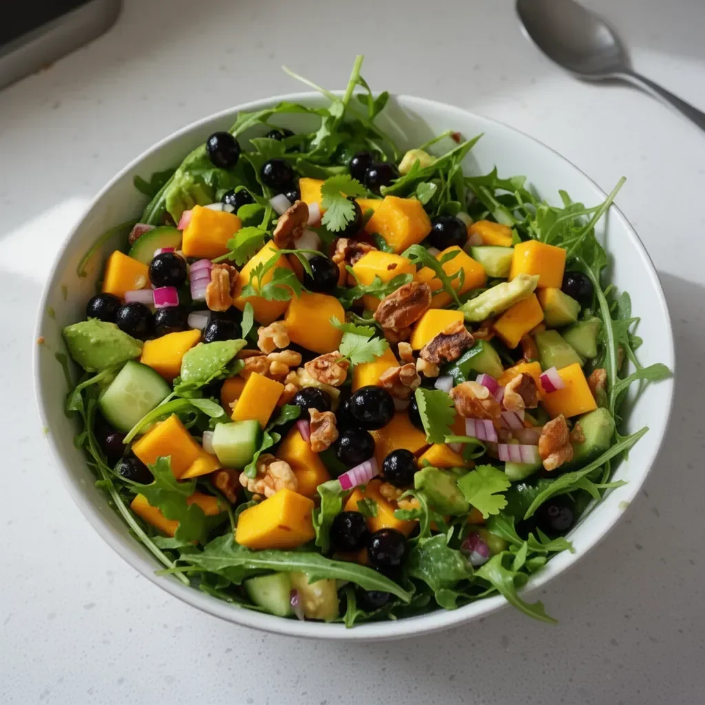 Ensalada de mango y pepino con arándanos y aguacate, colorida y saludable.