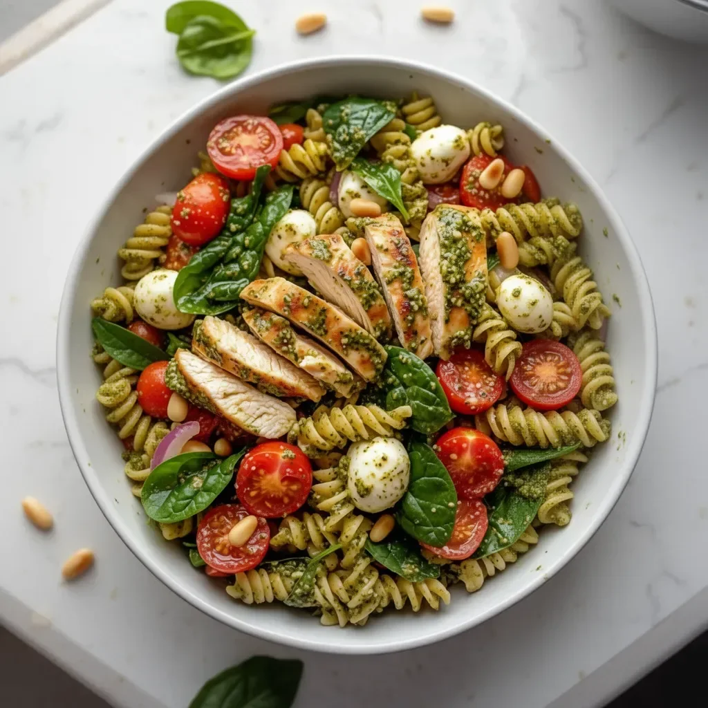 Ensalada de pasta con pesto y pollo, un platillo fresco y sabroso.