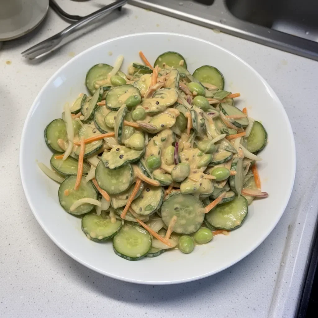 Ensalada de pepino asiática cremosa con ingredientes frescos y sabrosos.