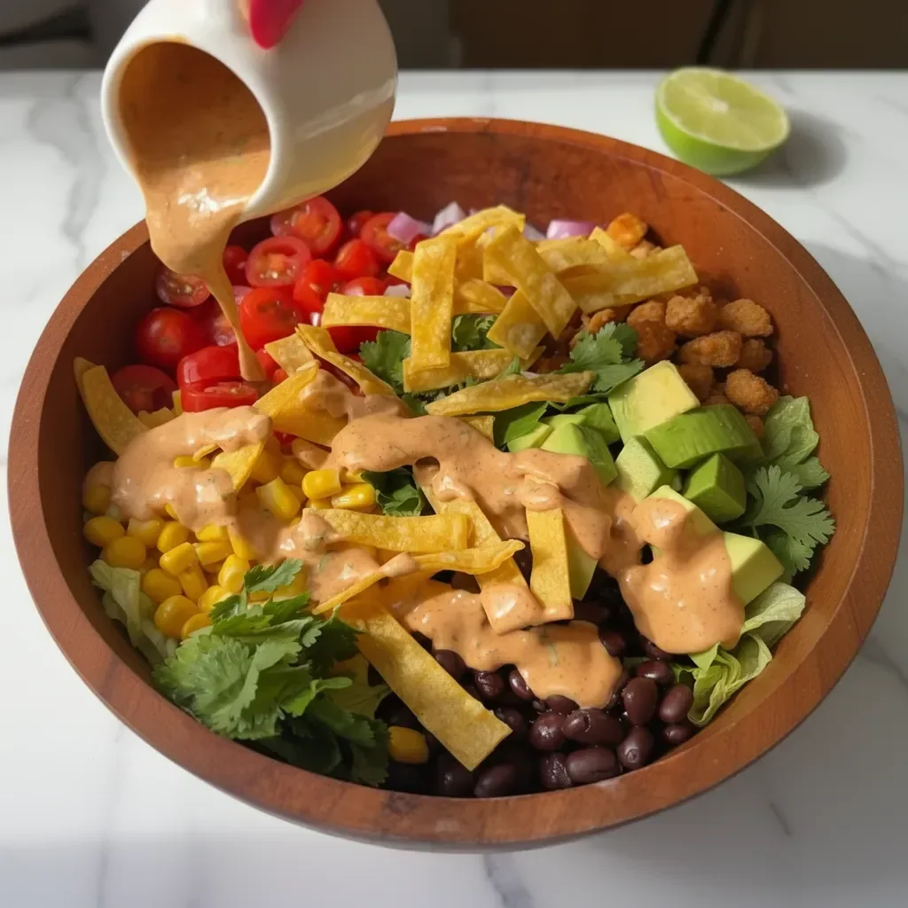 Ensalada de tacos vegana con aderezo cremoso de chipotle en un plato colorido