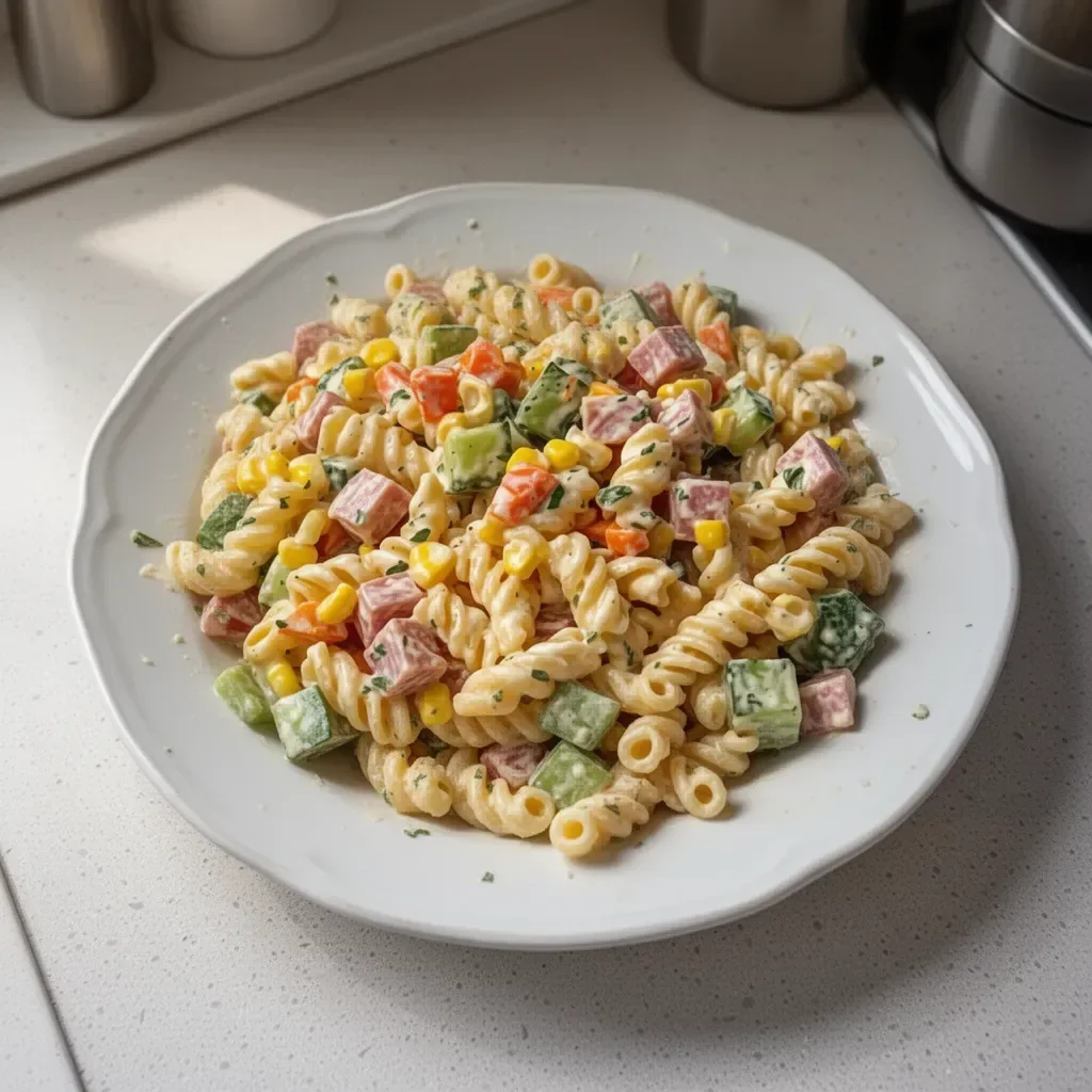 Ensalada fría de pasta con vegetales frescos y aderezo
