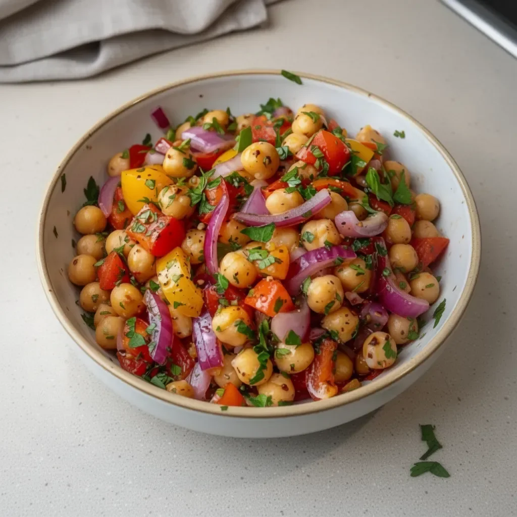 Ensalada Garbanzos Mediterránea con vegetales frescos y aderezo sabroso