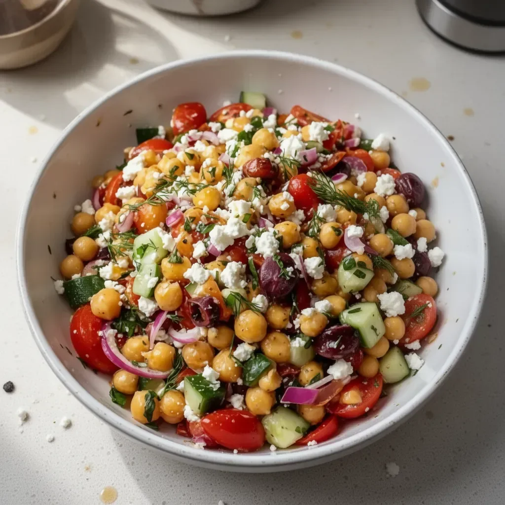 Ensalada mediterránea de garbanzos con queso feta y vegetales frescos