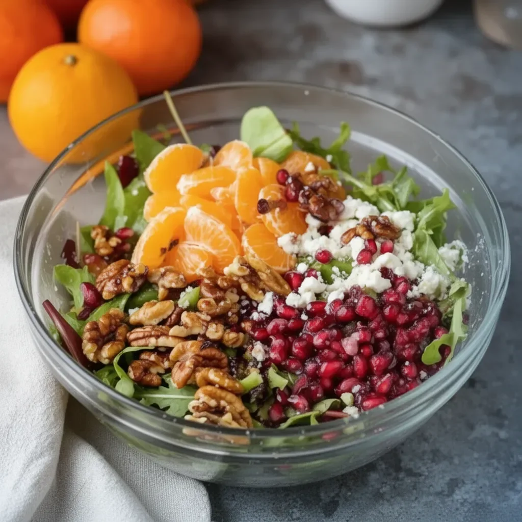 Ensalada navideña colorida y festiva adornada con ingredientes frescos