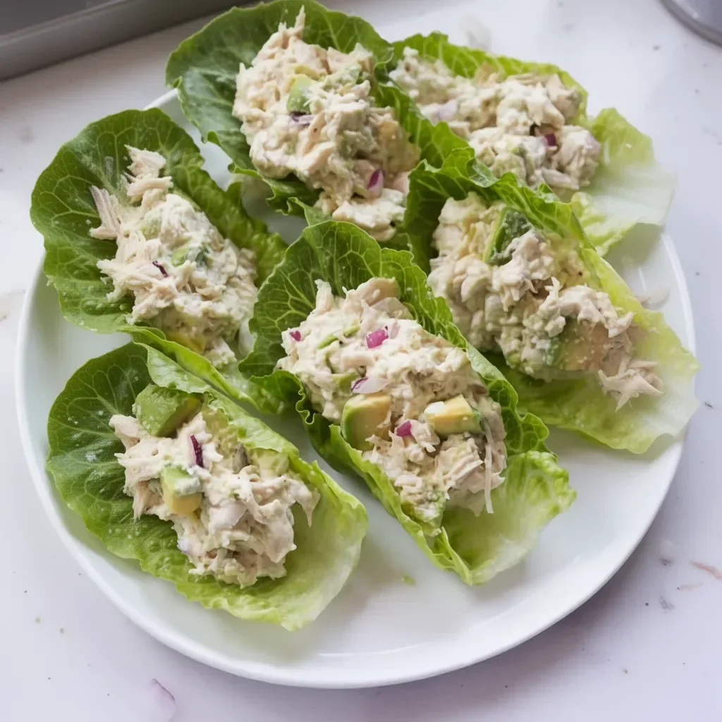 Envolturas de lechuga rellenas de ensalada de pollo y aguacate