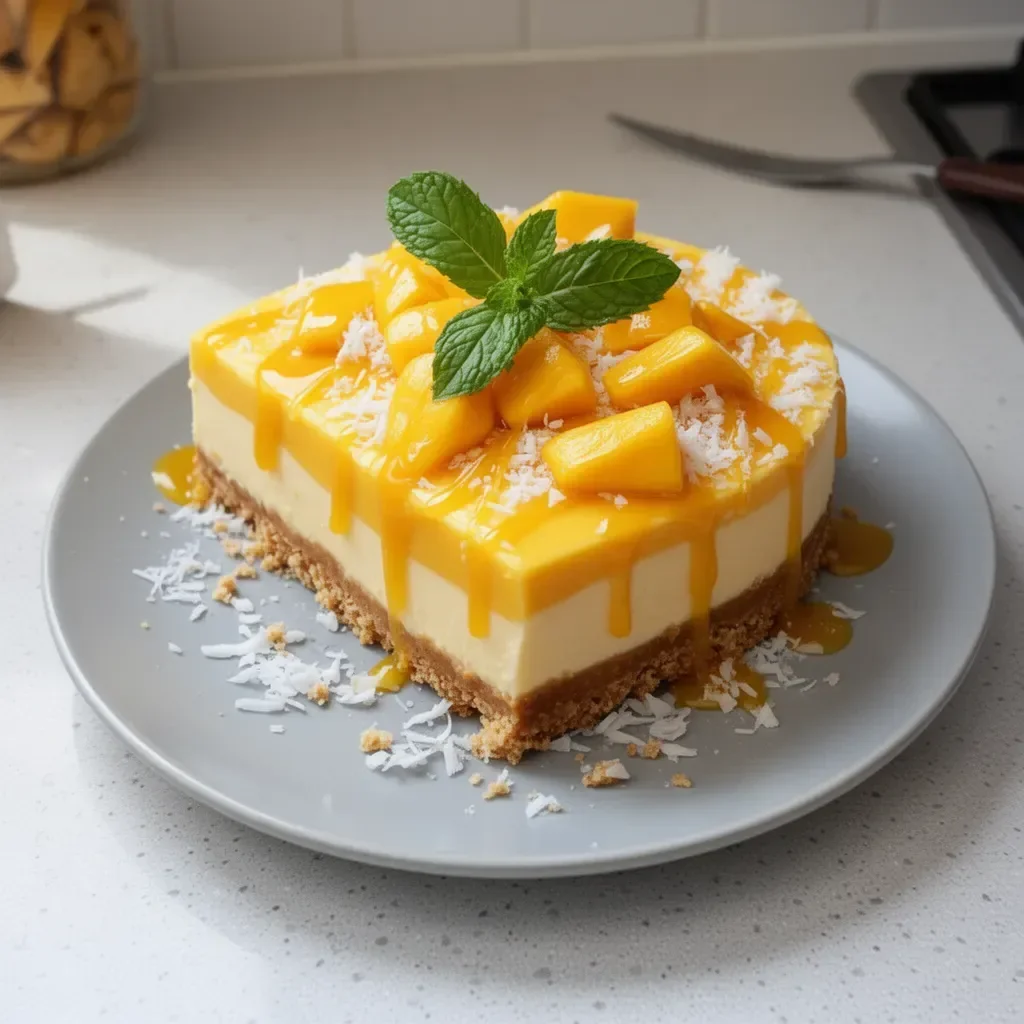 Felicidad de cheesecake de mango tropical cremoso y fresco