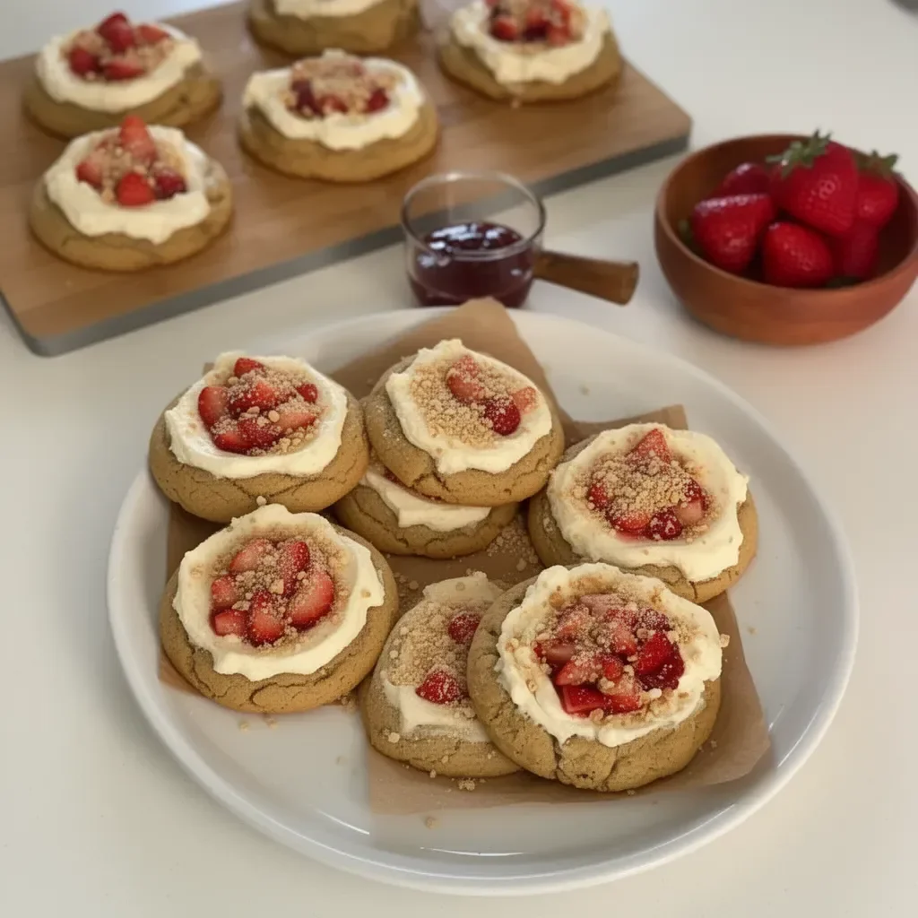 Galletas de cheesecake de fresa recién horneadas en un plato elegante.