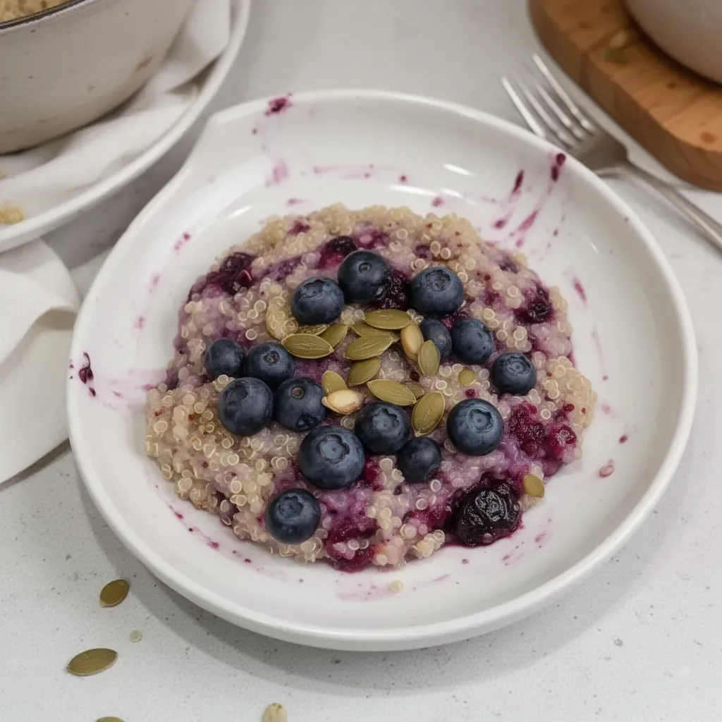 Horneado de desayuno de quinua con arándanos en un plato saludable y atractivo.