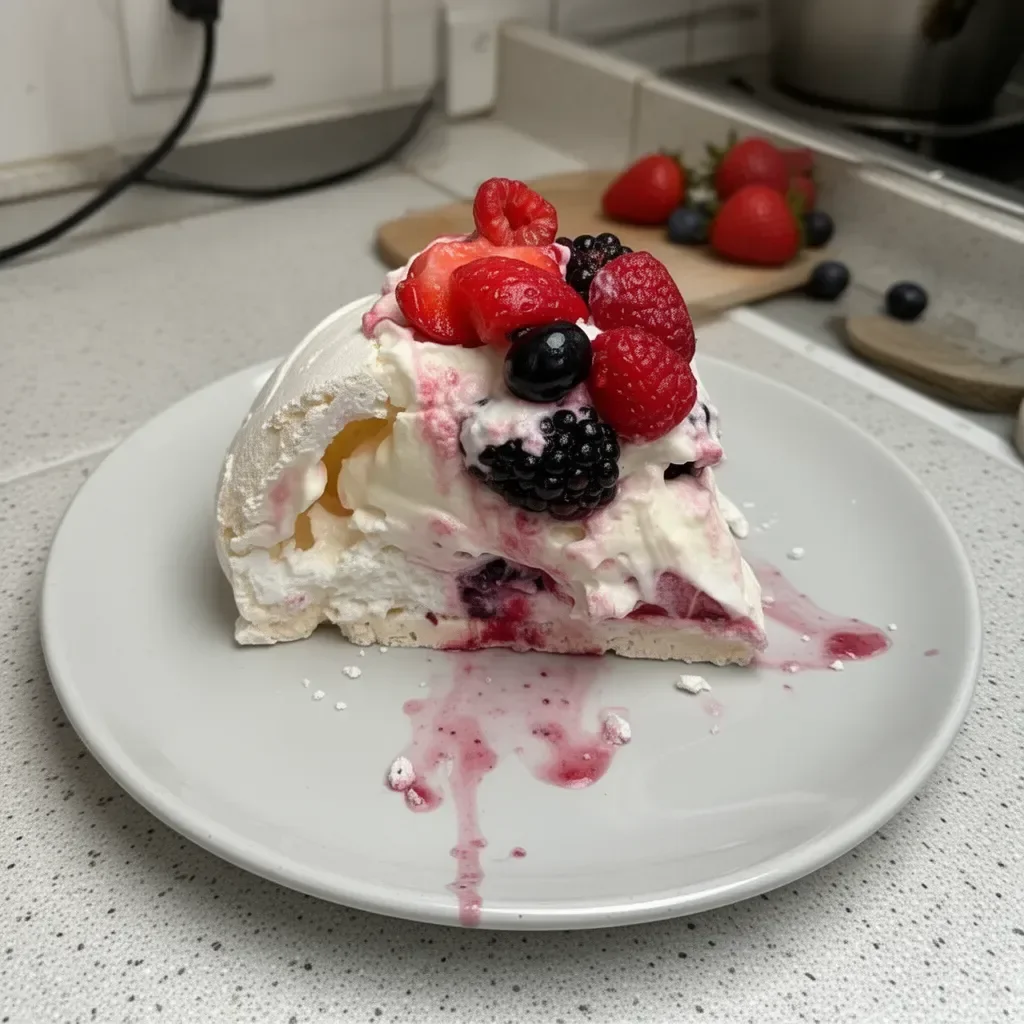 Pavlova perfecta decorada con frutas frescas y crema batida.