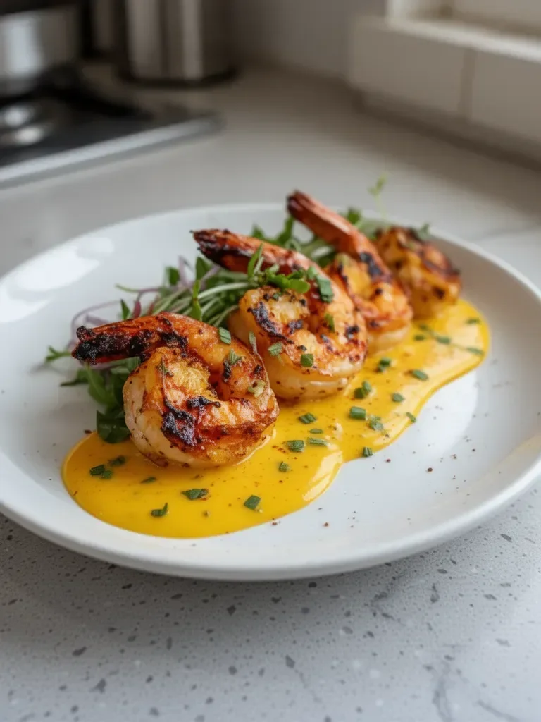 Langostinos a la parrilla con coulis de mango y lima
