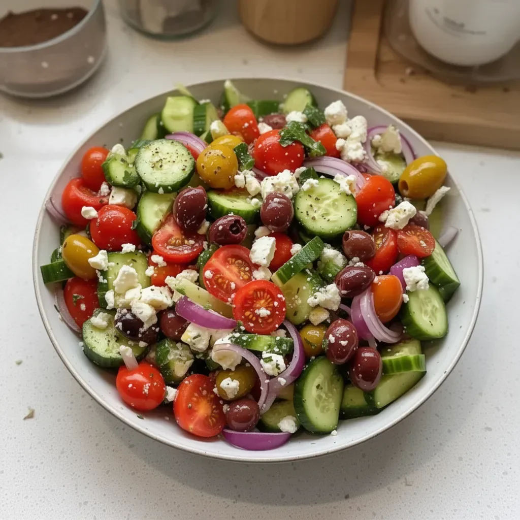 Plato de ensalada griega con ingredientes frescos y coloridos