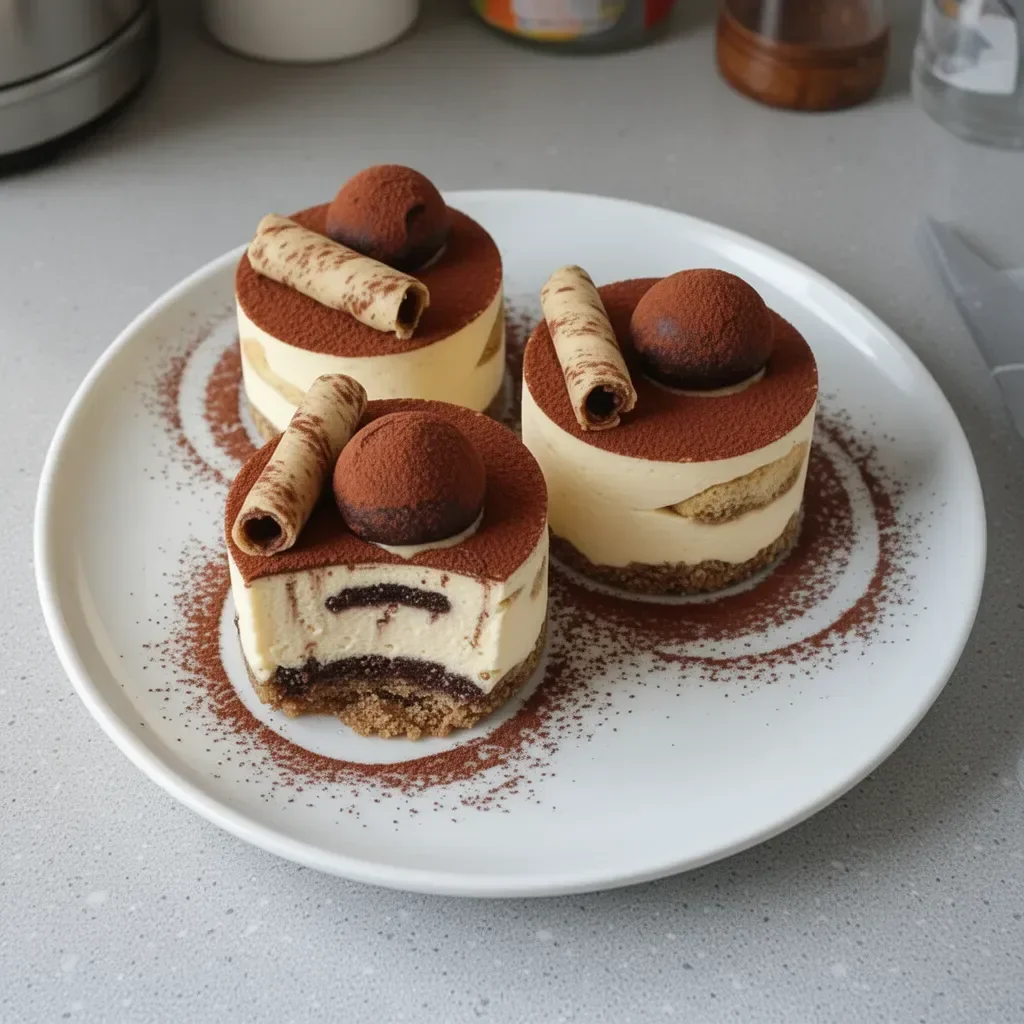 Mini Cheesecake de Tiramisu decorado con cacao y café