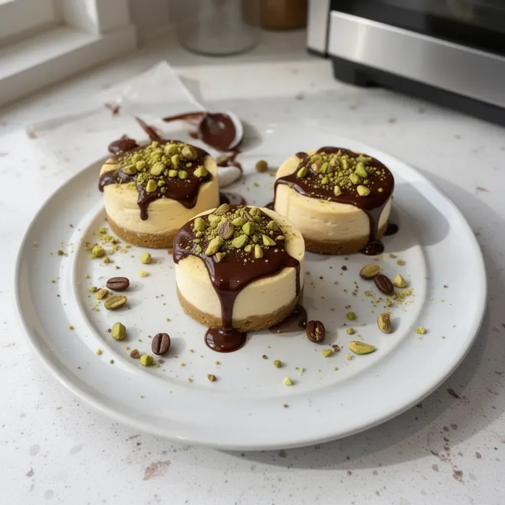 Mini cheesecakes de pistacho y café en plato decorativo