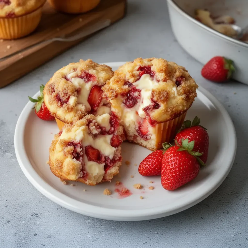 Muffins de crema de queso y fresa recién horneados en un plato.