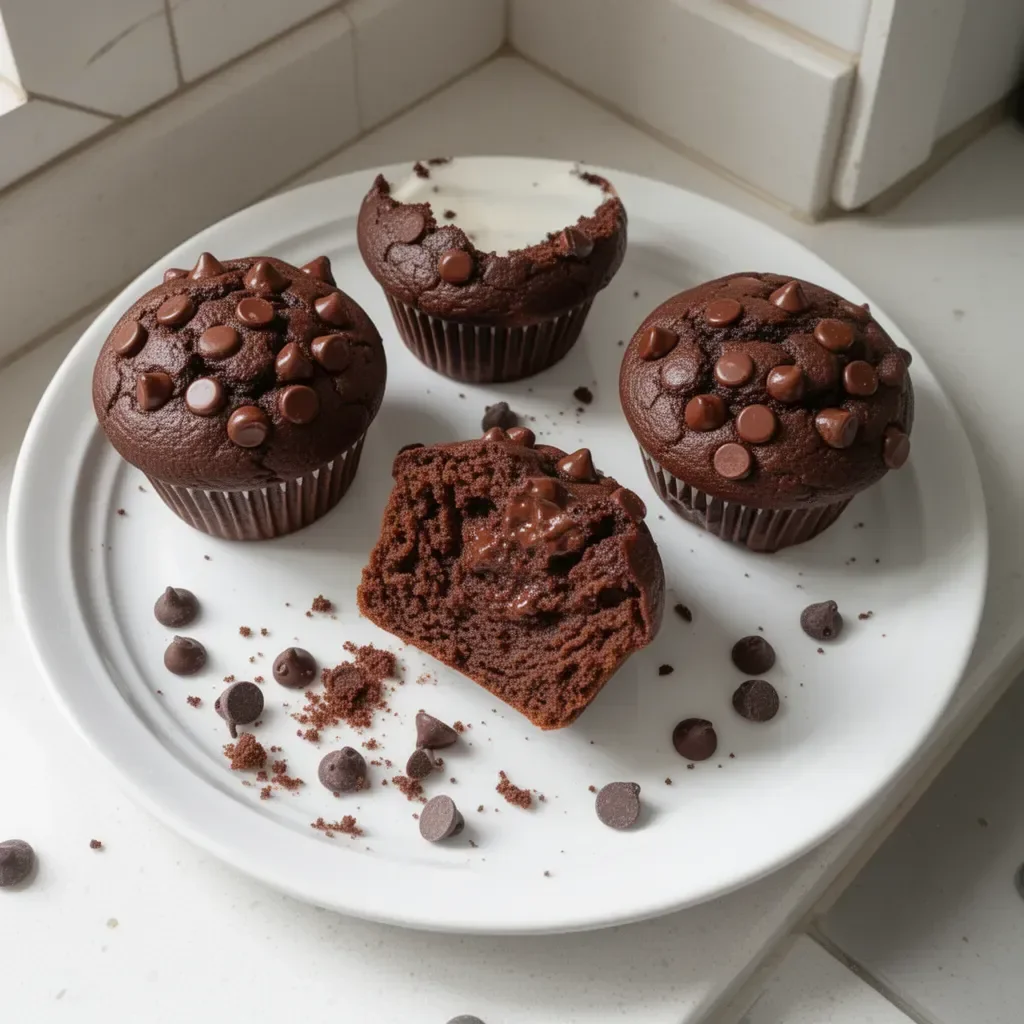 Muffins saludables de yogur griego con chispas de chocolate listos para disfrutar.