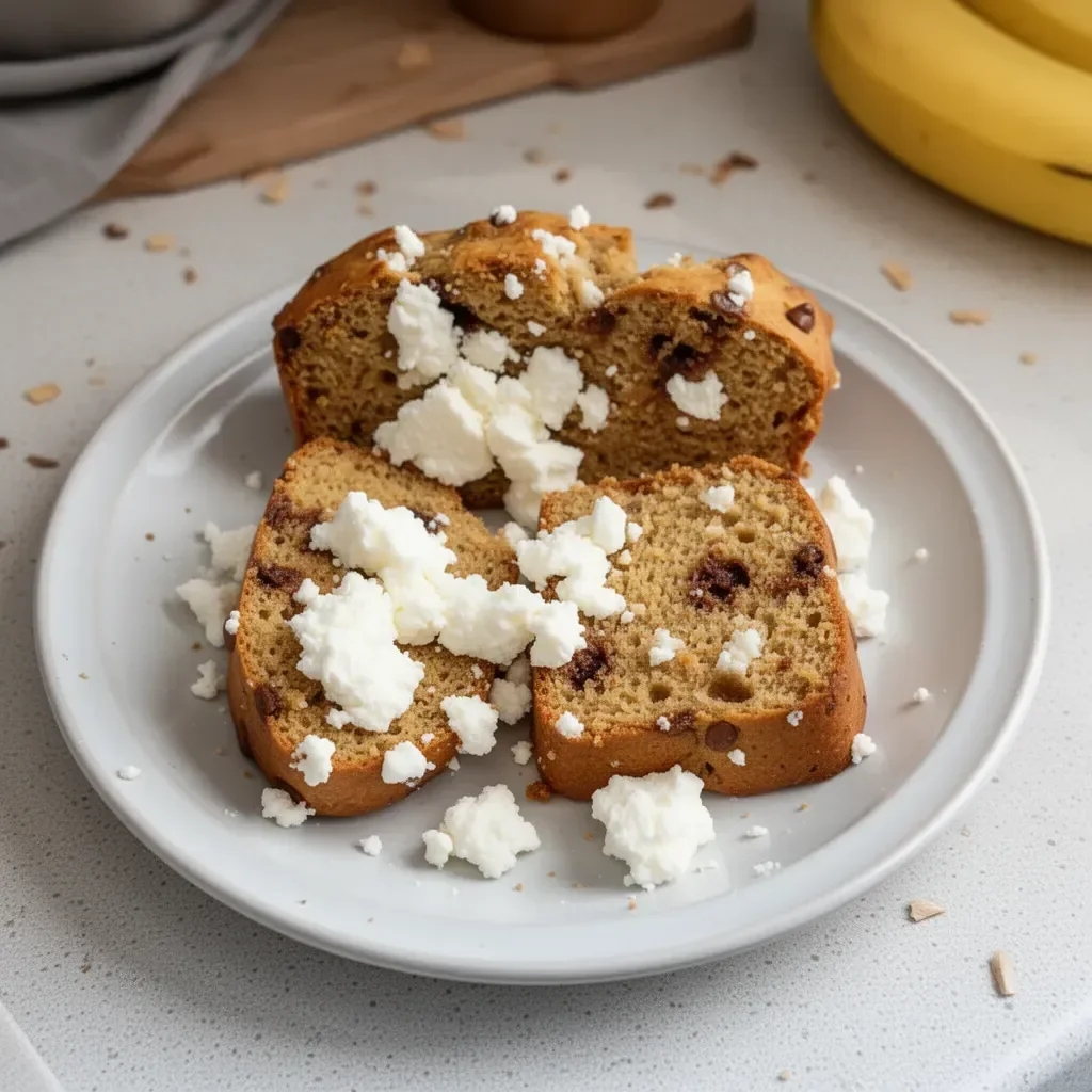 Pan de plátano con requesón recién horneado en un plato