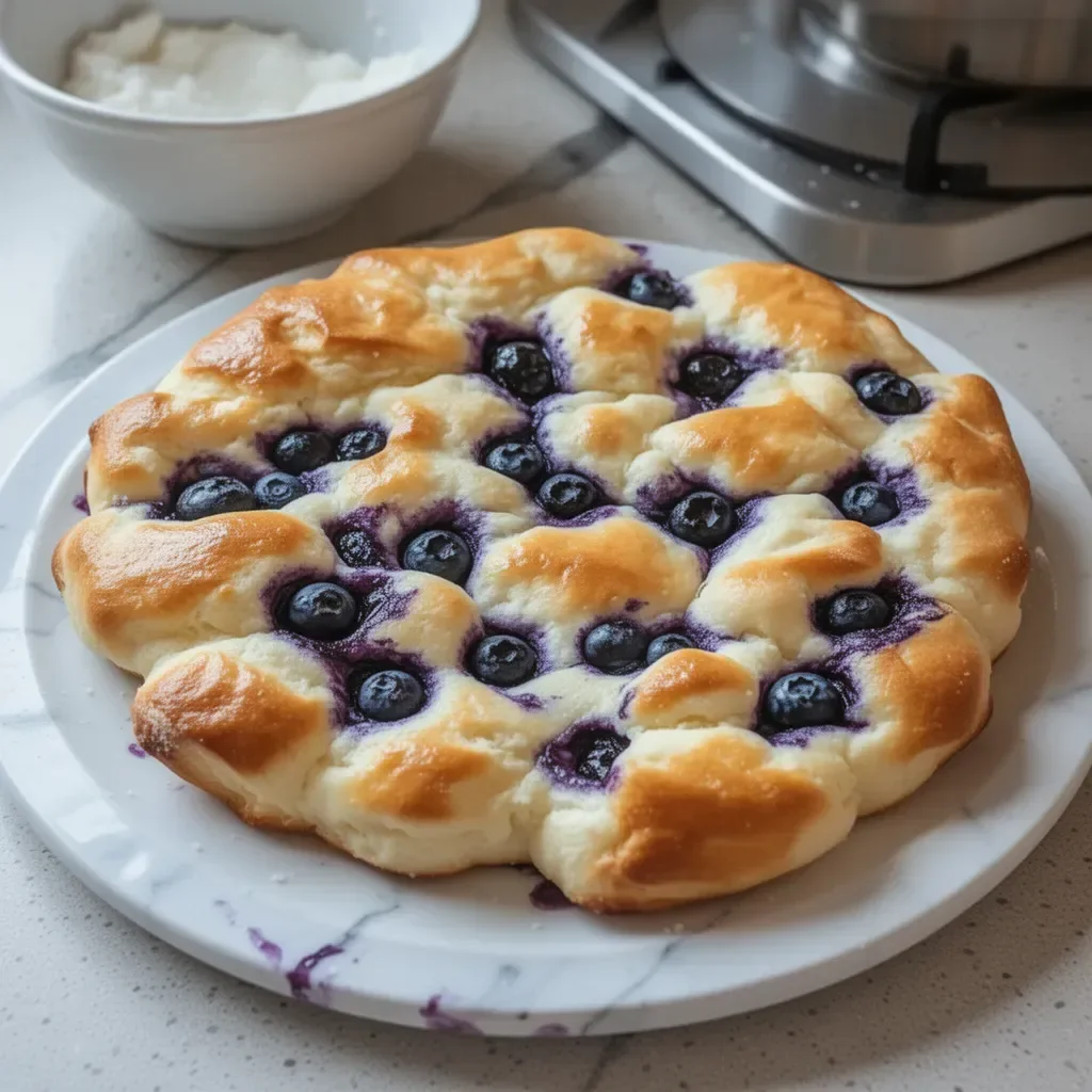 Pan Nube de Arándano con Requesón esponjoso en un plato decorativo