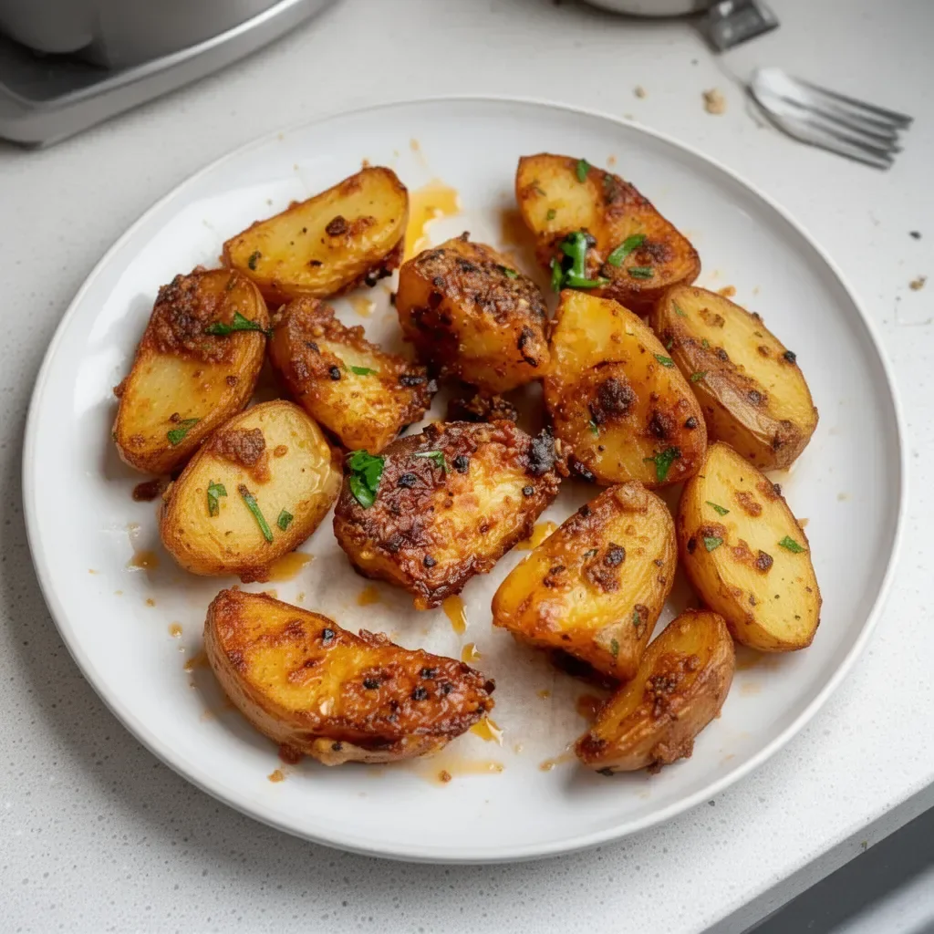 Papas al horno doradas y crujientes en una bandeja de cocina.