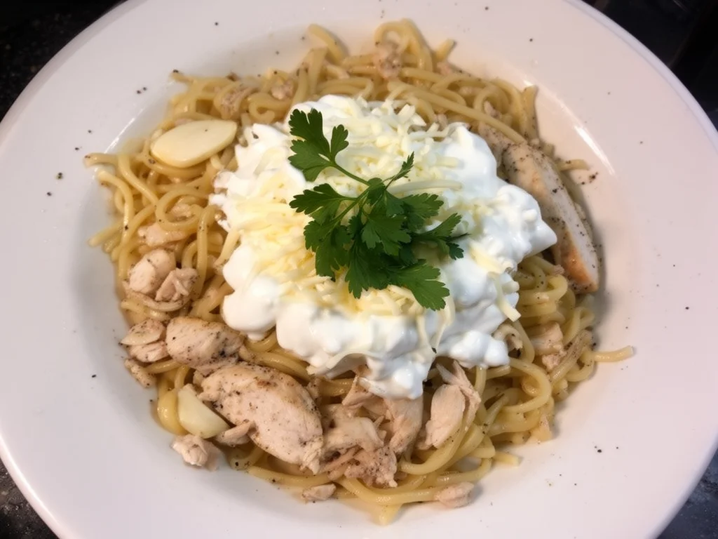 Pasta con Pollo y Mozzarella, cena cremosa lista para servir.