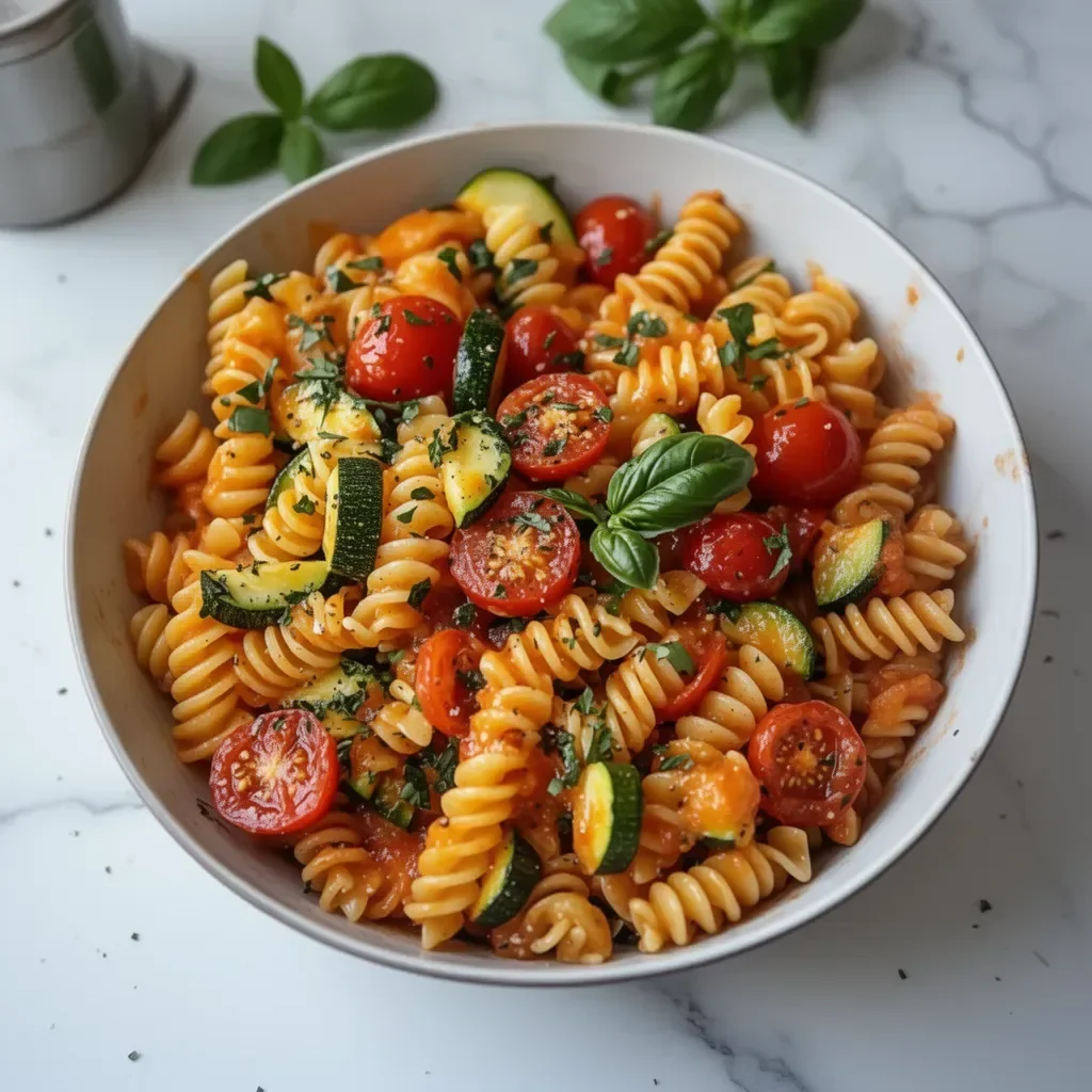 Plato de Pasta de Tomate y Calabacín Saludable con ingredientes frescos